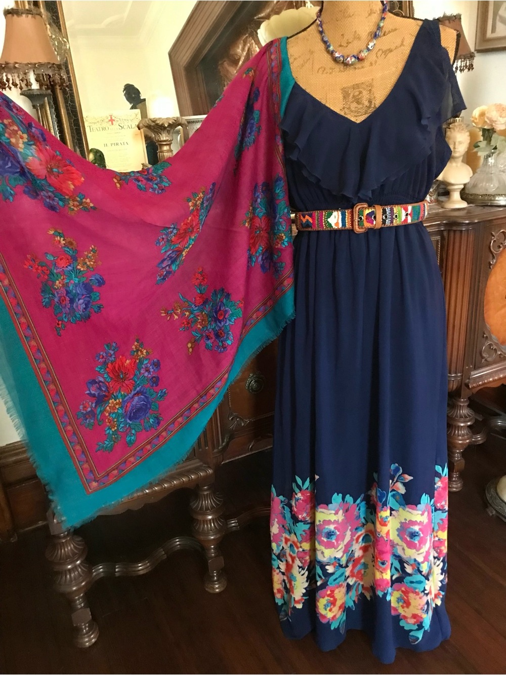 Vintage Boho Hippie Gypsie Floral Print Latin-inspo Dress & Wool Floral Shawl